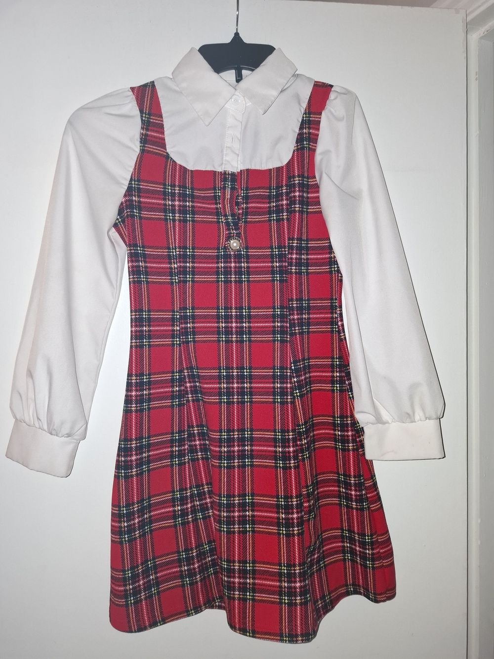 SHEIN Red Plaid Pinafore Dress with White Shirt Overlay